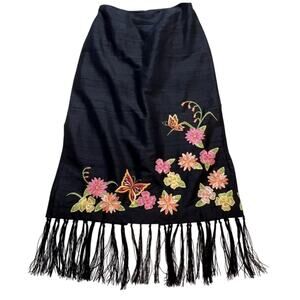 Vintage Maggy L Black Silk Embroidered Fringe Skirt Y2K Romantic Fairygoth